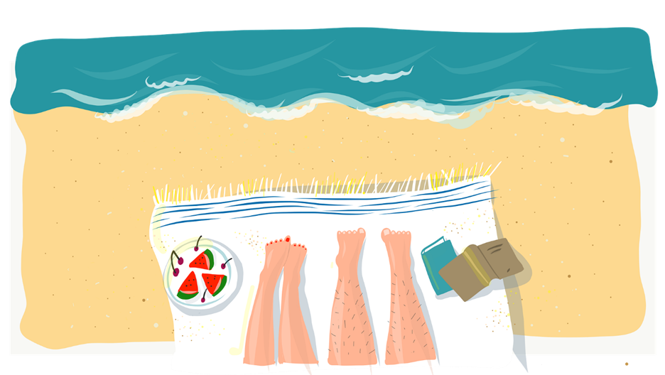 An illustration of a couple laying on a white towel on a beach