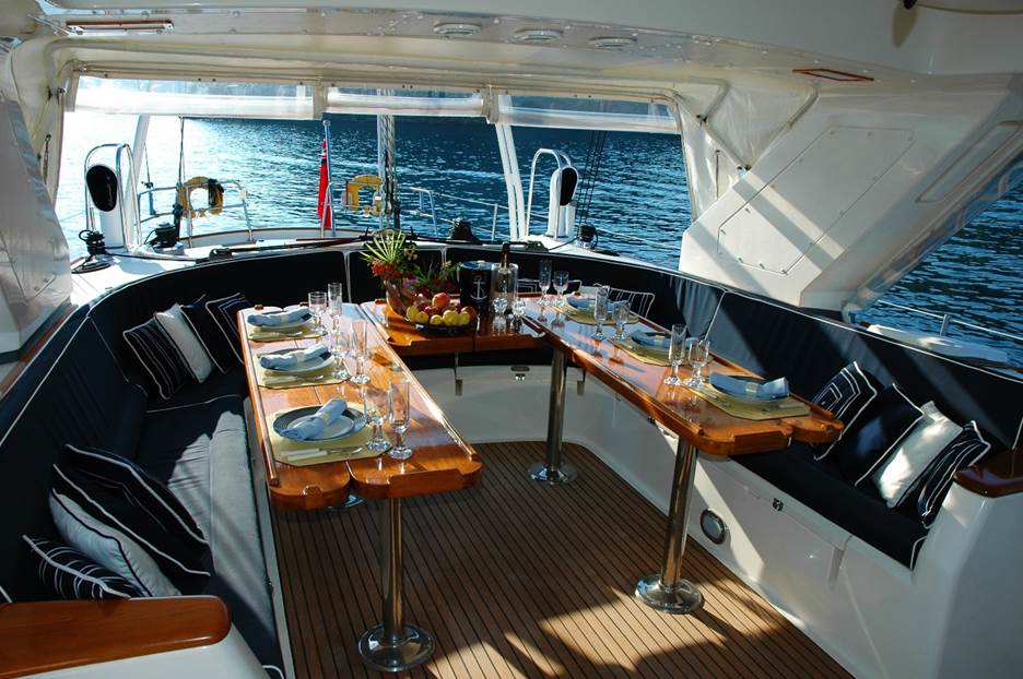 Plates and fruits on a luxury boat deck